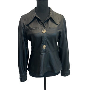 Zara black faux leather vegan pleather long sleeve peplum blouse Sz S